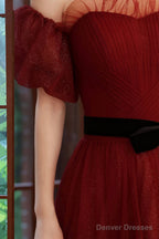 Burgundy Tulle Long A-Line Prom Dress, Off The Shoulder Evening Dress