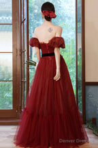 Burgundy Tulle Long A-Line Prom Dress, Off The Shoulder Evening Dress
