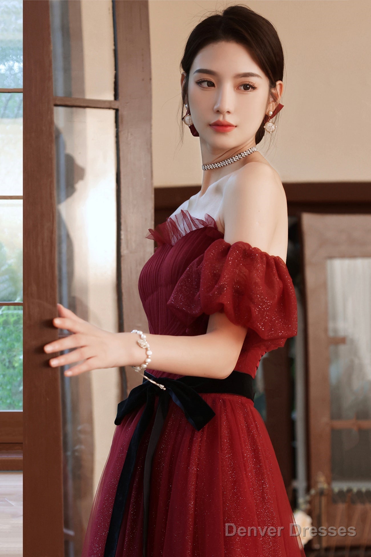 Burgundy Tulle Long A-Line Prom Dress, Off The Shoulder Evening Dress