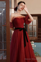 Burgundy Tulle Long A-Line Prom Dress, Off The Shoulder Evening Dress