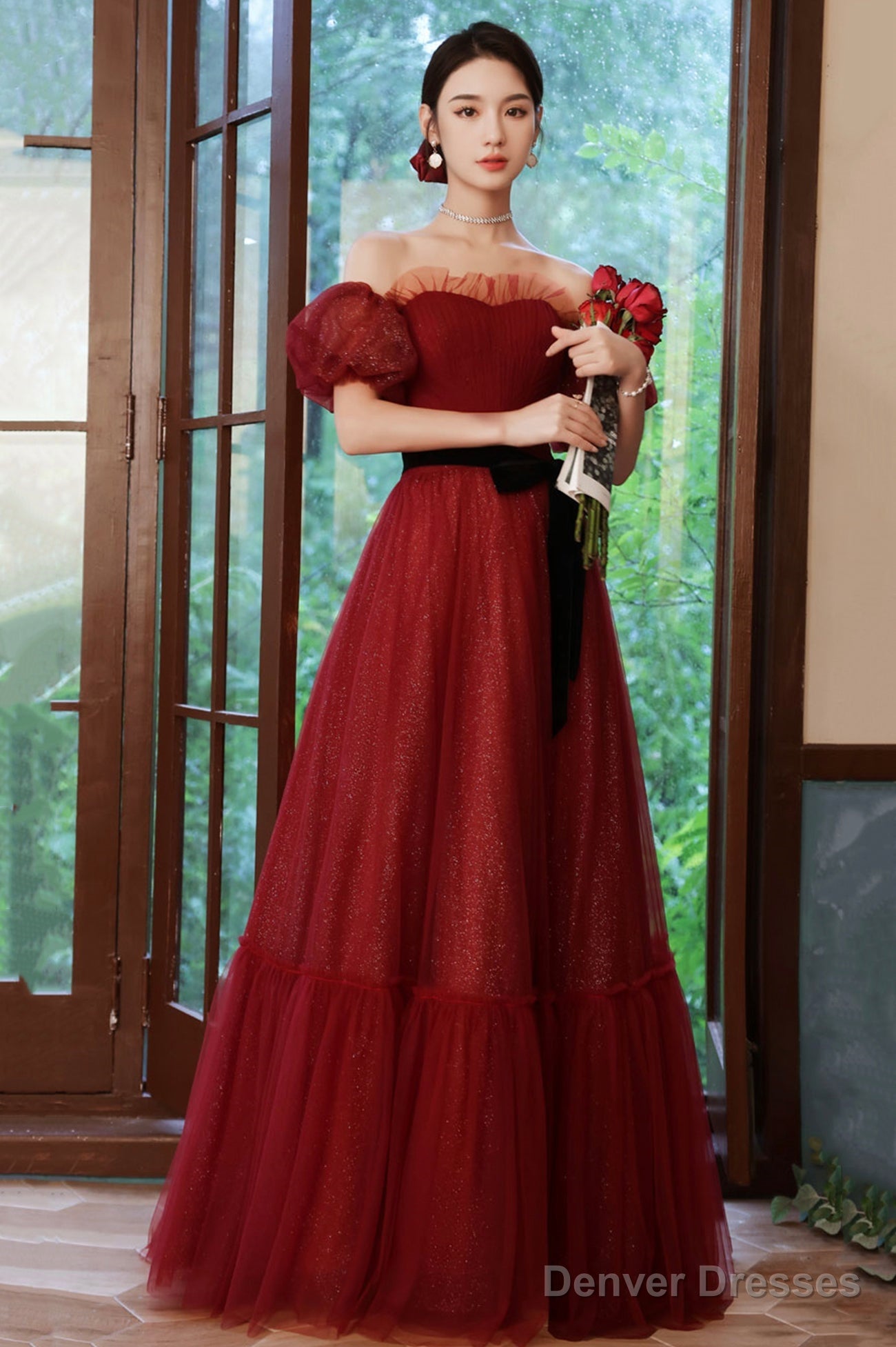 Burgundy Tulle Long A-Line Prom Dress, Off The Shoulder Evening Dress