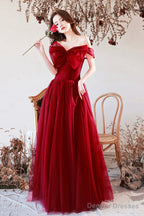 Burgundy Tulle Long A-Line Prom Dress With Bow, Burgundy Evening Graduation Dress