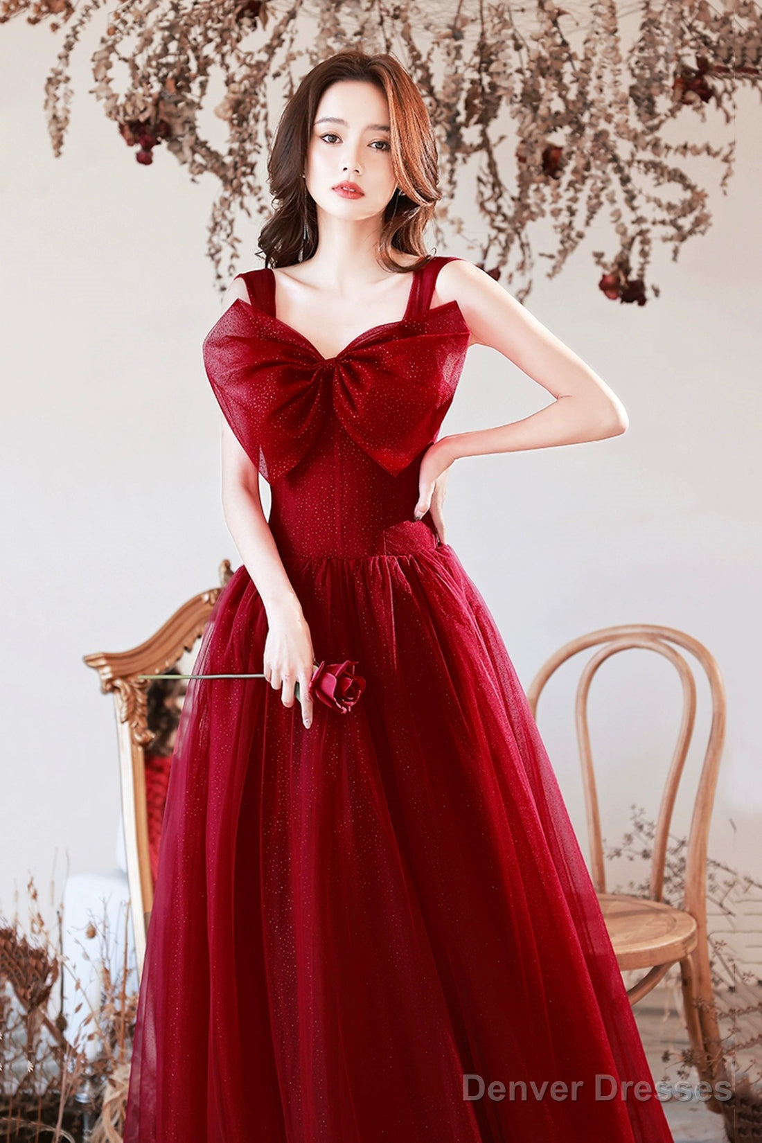 Burgundy Tulle Long A-Line Prom Dress With Bow, Burgundy Evening Graduation Dress