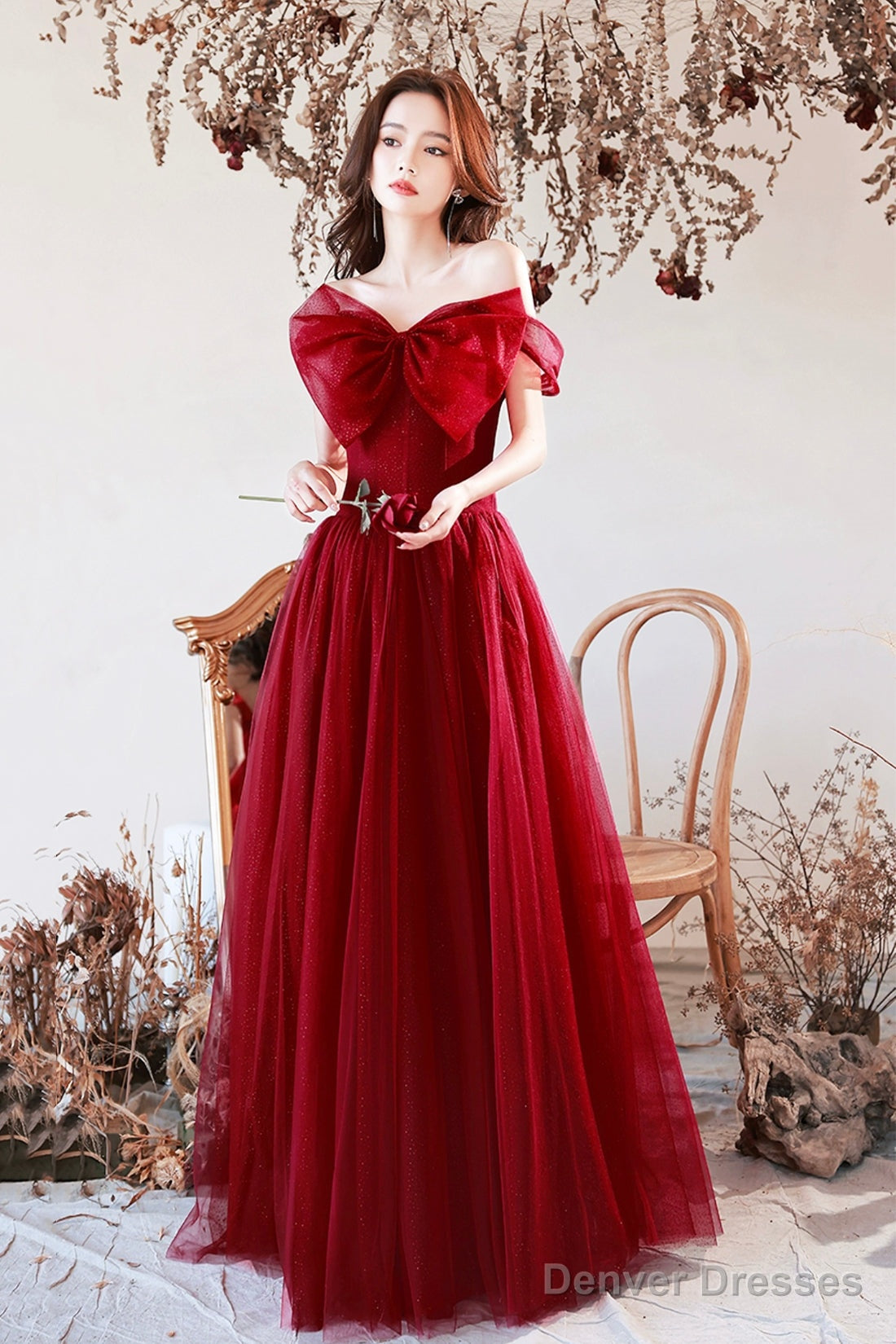 Burgundy Tulle Long A-Line Prom Dress With Bow, Burgundy Evening Graduation Dress Main image