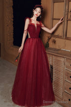 Burgundy Tulle Long A-Line Prom With Beaded, Off The Shoulder Evening Party Dress