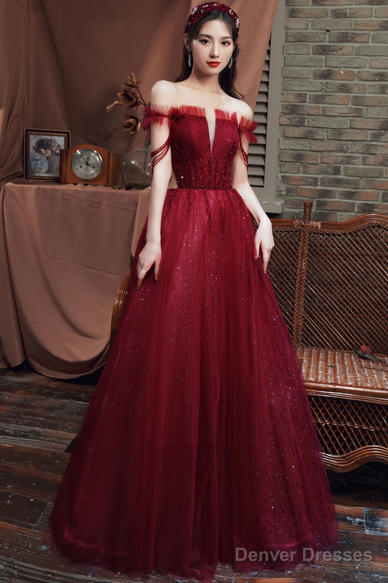 Burgundy Tulle Long A-Line Prom With Beaded, Off The Shoulder Evening Party Dress Main image