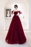 Burgundy Tulle Long Evening Dress, Cute A-Line Off The Shoulder Graduation Dress