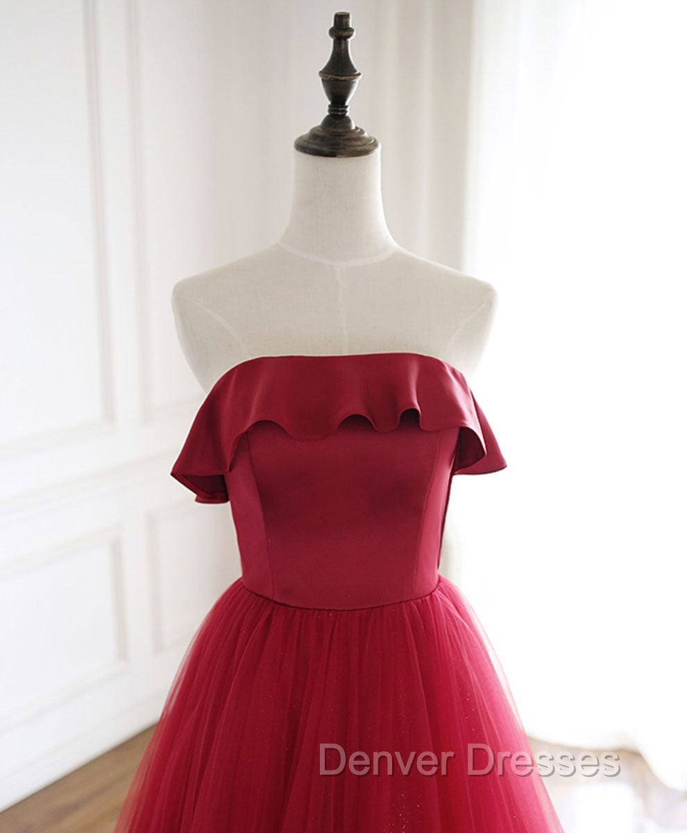 Burgundy Tulle Long Prom Dress, A line Burgundy Formal Party Dress