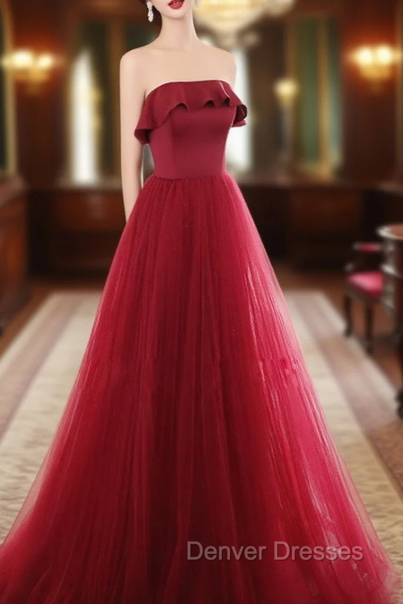 Burgundy Tulle Long Prom Dress, A line Burgundy Formal Party Dress