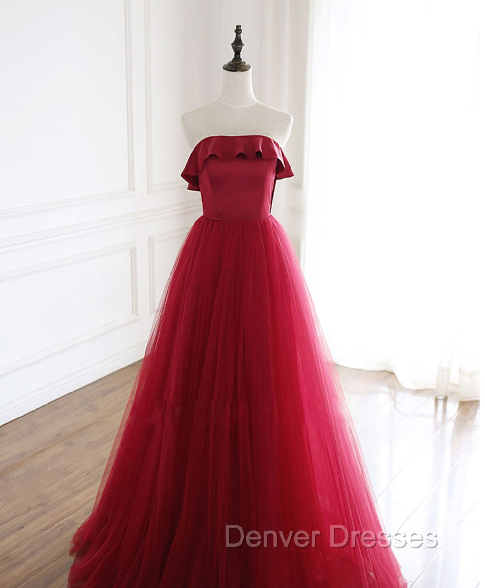 Burgundy Tulle Long Prom Dress, A line Burgundy Formal Party Dress Main image