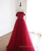 Burgundy Tulle Long Prom Dress, A line Burgundy Formal Party Dress
