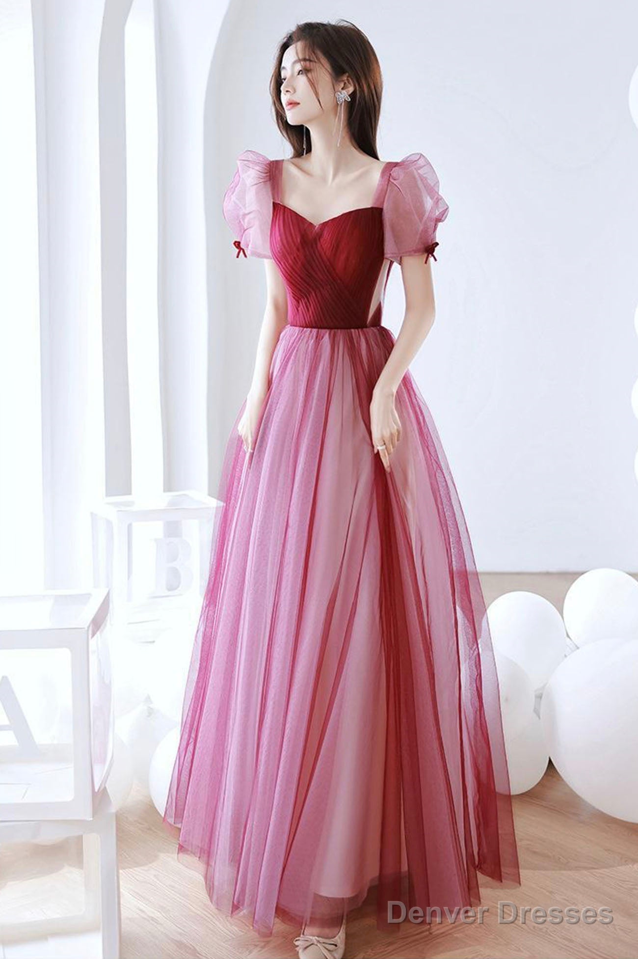 Burgundy Tulle Long Prom Dress, A-Line Short Sleeves Evening Dress Secondary image