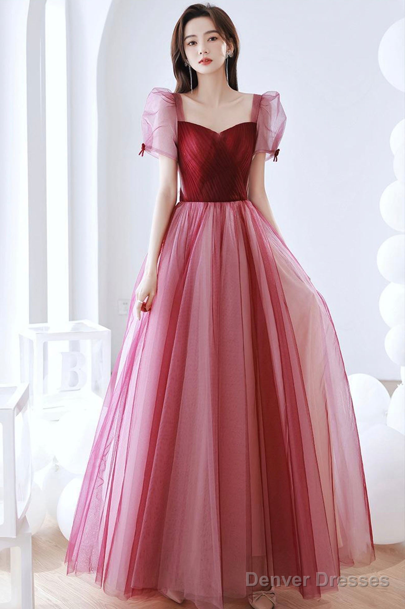 Burgundy Tulle Long Prom Dress, A-Line Short Sleeves Evening Dress Main image