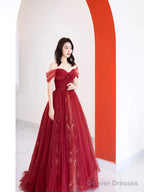 Burgundy Tulle Long Prom Dress, Beautiful A-Line Off The Shoulder Evening Party Dress