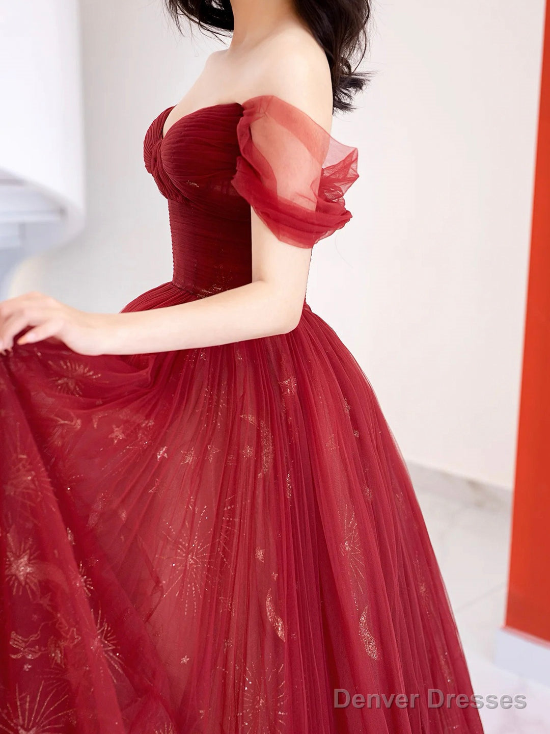 Burgundy Tulle Long Prom Dress, Beautiful A-Line Off The Shoulder Evening Party Dress