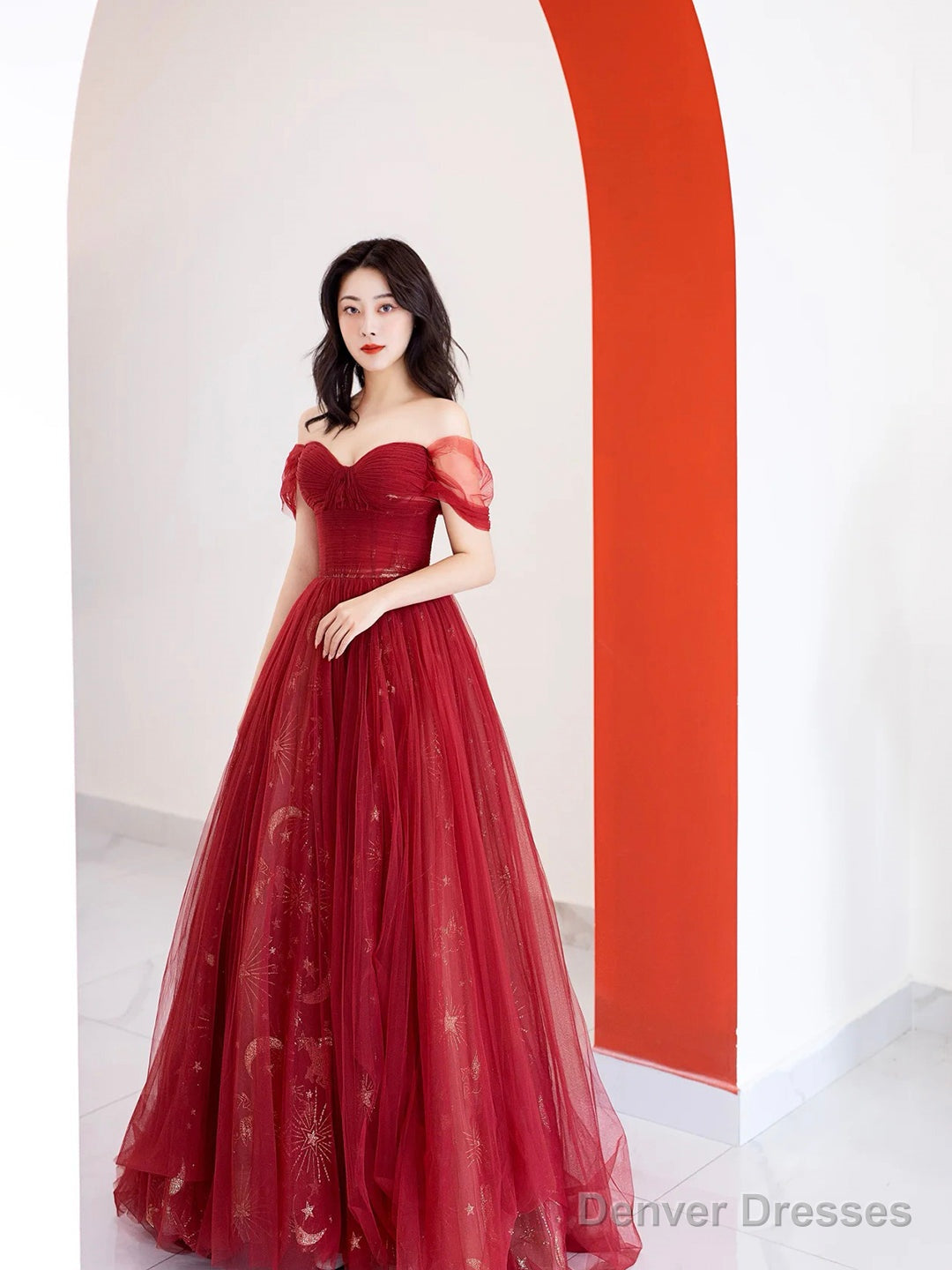 Burgundy Tulle Long Prom Dress, Beautiful A-Line Off The Shoulder Evening Party Dress Main image