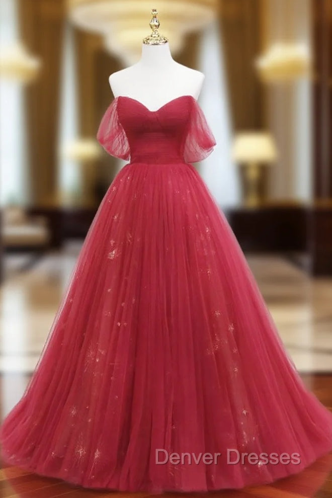 Burgundy Tulle Long Prom Dress, Burgundy Evening Dress Main image
