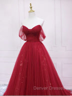 Burgundy Tulle Long Prom Dress, Burgundy Evening Dress