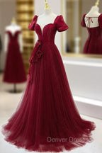Burgundy Tulle Long Prom Dress, Burgundy Tulle Evening Dress