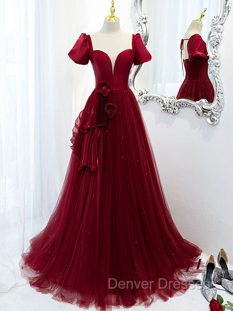 Burgundy Tulle Long Prom Dress, Burgundy Tulle Evening Dress Main image