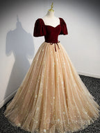 Burgundy Tulle Long Prom Dress, Burgundy Tulle Formal Dress