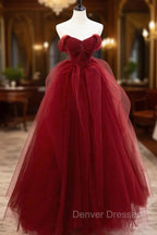 Burgundy Tulle Long Prom Dress with Beaded, Burgundy Off Shoulder Evening Dress