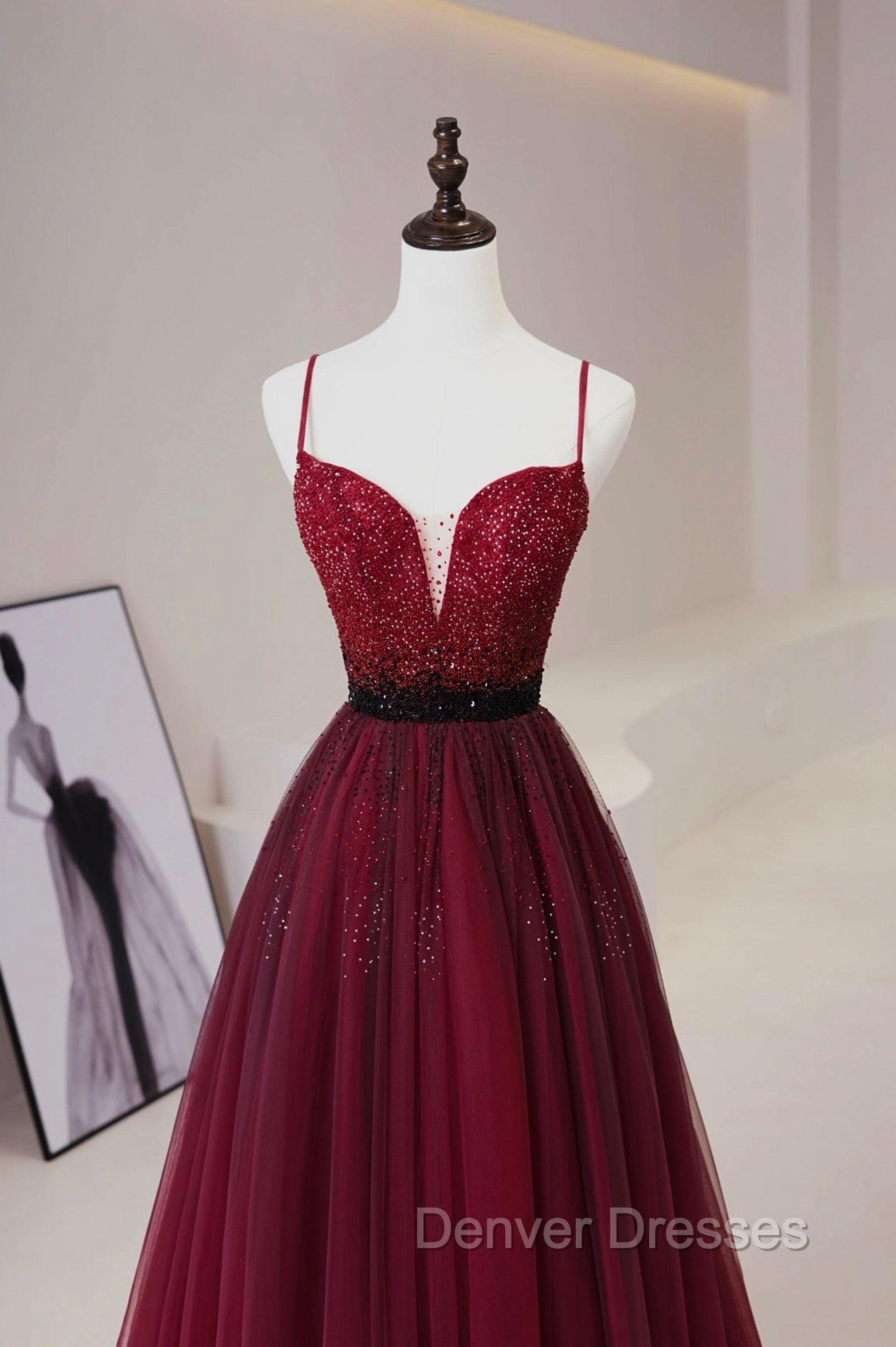 Burgundy Tulle Long Prom Dress with Beaded, Spaghetti Straps Evening Dress Secondary image