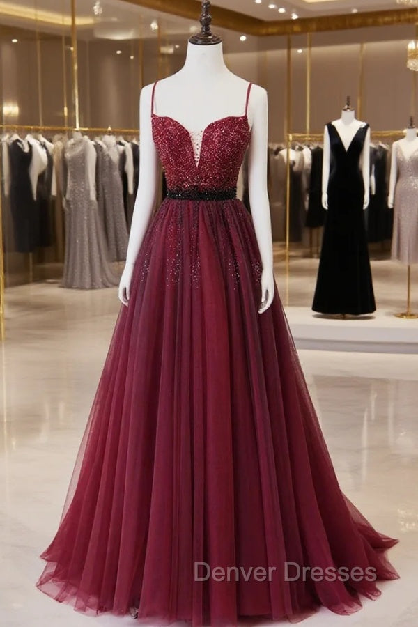 Burgundy Tulle Long Prom Dress with Beaded, Spaghetti Straps Evening Dress Main image