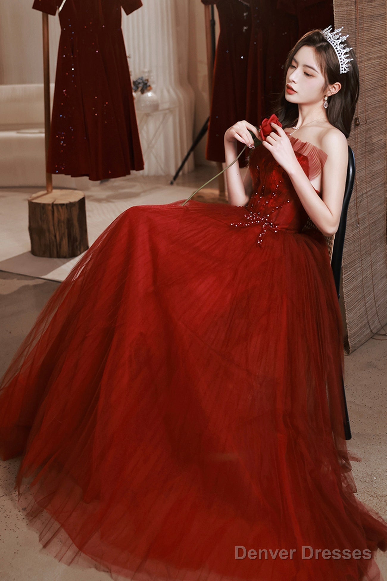 Burgundy Tulle Long Prom Dress With Lace, A-Line Strapless Evening Dress Secondary image