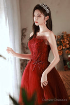 Burgundy Tulle Long Prom Dress With Lace, A-Line Strapless Evening Dress