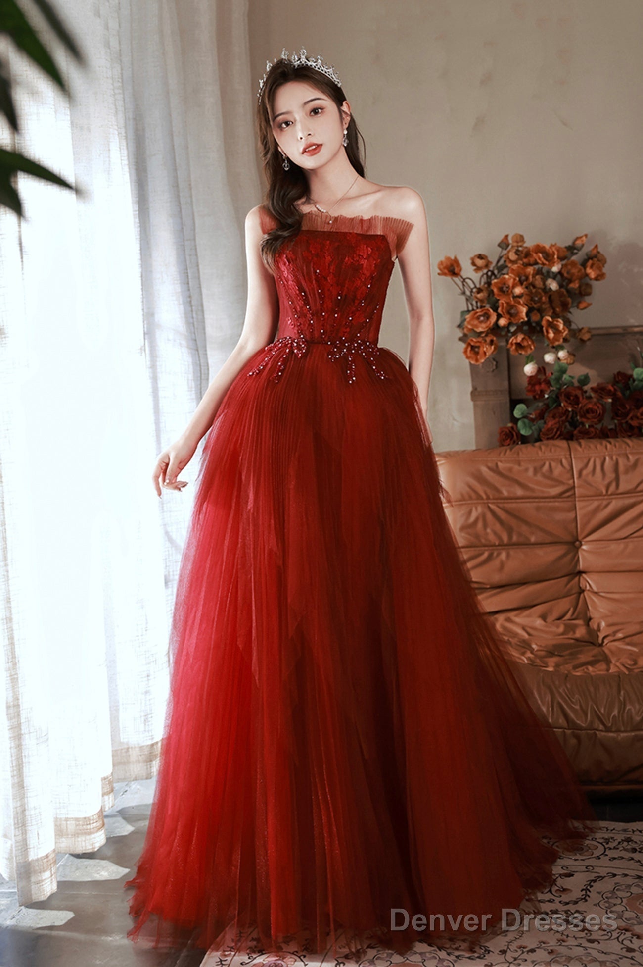 Burgundy Tulle Long Prom Dress With Lace, A-Line Strapless Evening Dress Main image