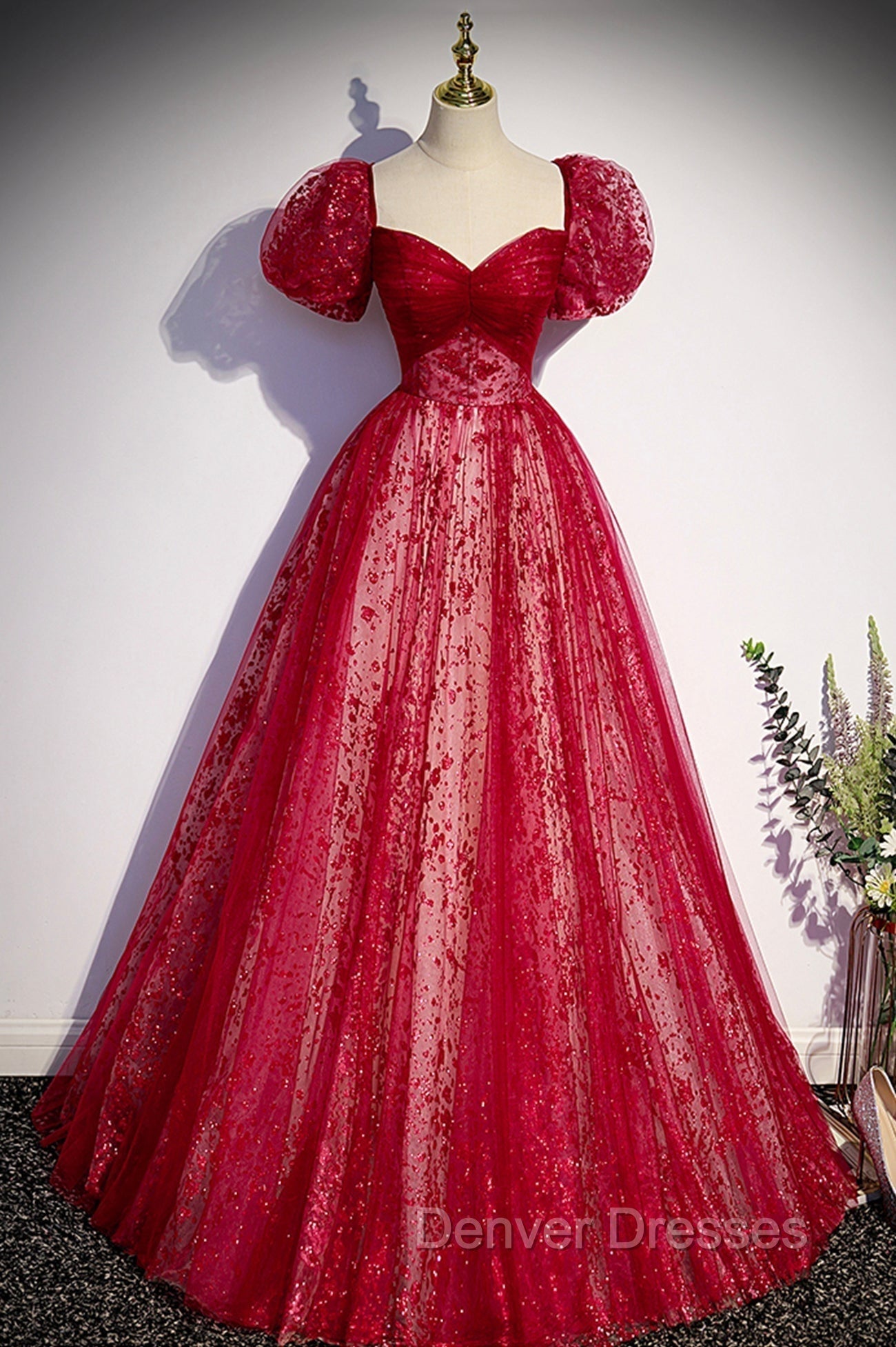 Burgundy Tulle Long Prom Dress with Sequins, A-Line Short Sleeve Evening Dress Main image