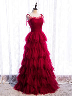 Burgundy Tulle Long Prom Dress, Burgundy Formal Graduation Dress