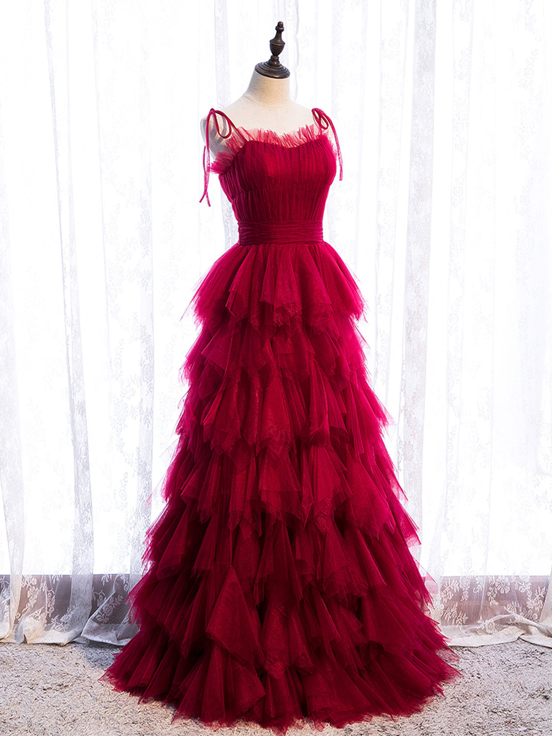 Burgundy Tulle Long Prom Dress, Burgundy Formal Graduation Dress