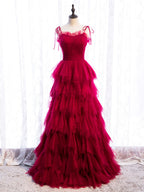 Burgundy Tulle Long Prom Dress, Burgundy Formal Graduation Dress