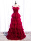 Burgundy Tulle Long Prom Dress, Burgundy Formal Graduation Dress