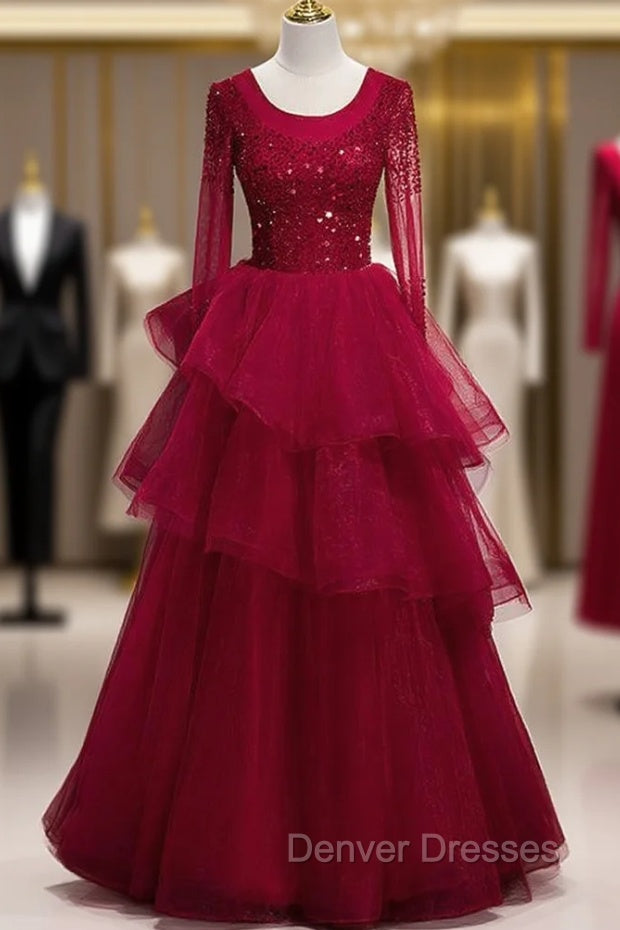 Burgundy Tulle Long Sleeve Beading Prom Dress Main image