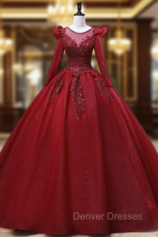 Burgundy Tulle Long Sleeve Beading Quinceanera Dress Main image