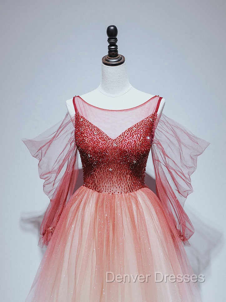 Burgundy Tulle Off Shoulder Beads Long Prom Dress, Burgundy Evening Dress