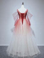 Burgundy Tulle Off Shoulder Beads Long Prom Dress, Burgundy Evening Dress