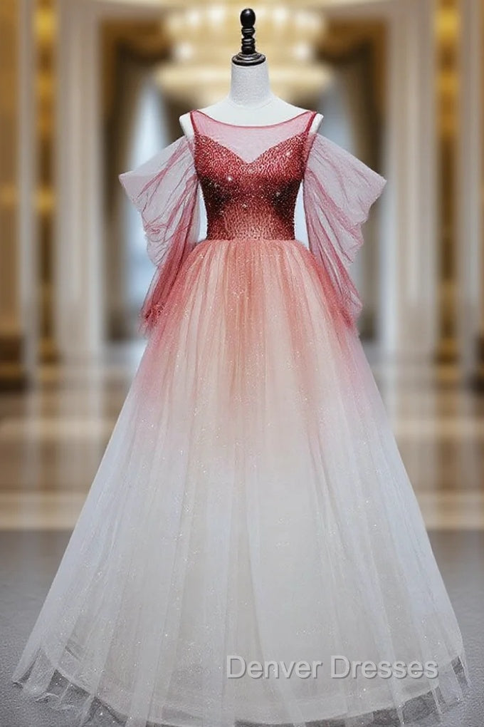 Burgundy Tulle Off Shoulder Beads Long Prom Dress, Burgundy Evening Dress Main image