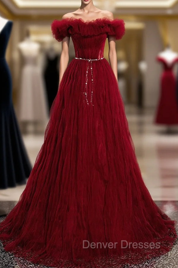 Burgundy Tulle Off Shoulder Long Prom Dress, Burgundy Evening Dress Main image