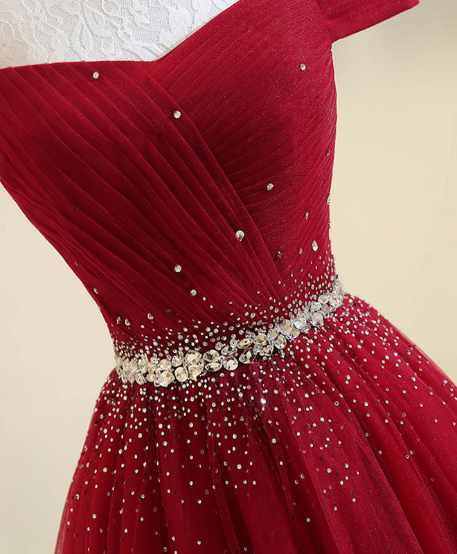 Burgundy Tulle Off Shoulder Long Prom Dress, Burgundy Evening Dress Secondary image