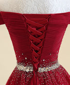 Burgundy Tulle Off Shoulder Long Prom Dress, Burgundy Evening Dress