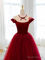 Burgundy Tulle Off Shoulder Long Prom Dress, Burgundy Tulle Formal Dress