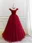 Burgundy Tulle Off Shoulder Long Prom Dress, Burgundy Tulle Formal Dress