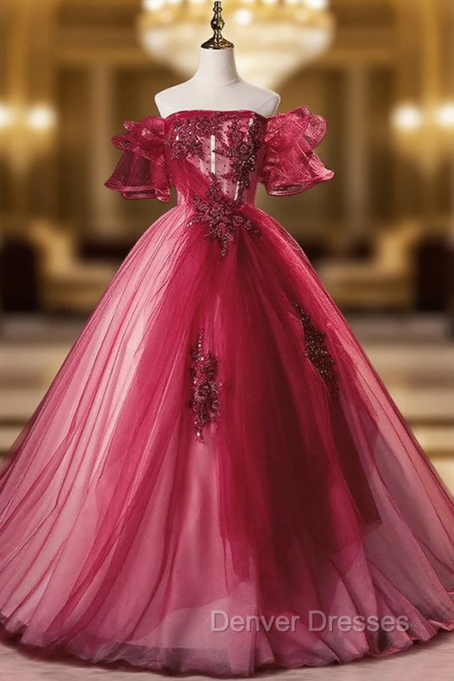 Burgundy Tulle Off the Shoulder Appliques Beading Quinceanera Dress Main image
