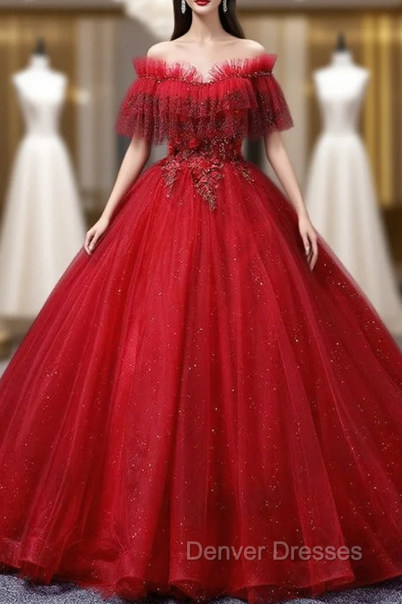 Burgundy Tulle Off the Shoulder Beading Appliques Quinceanera Dress Main image