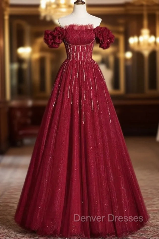 Burgundy Tulle Off the Shoulder Beading Pleats Prom Dress Main image