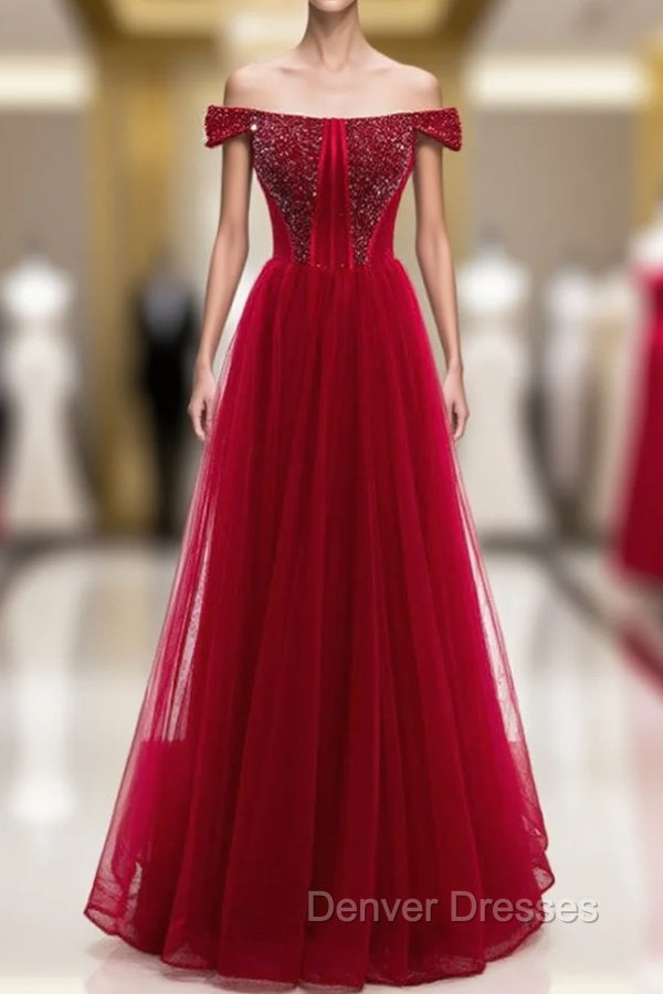 Burgundy Tulle Off the Shoulder Beading Prom Dress Main image